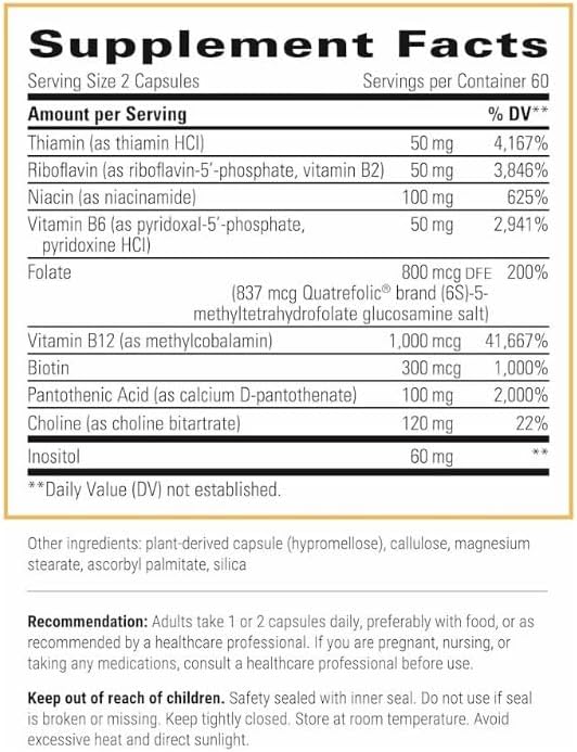 Integrative Therapeutics Active B-Complex - avec Choline et Méthylfolate - Soutien de l'énergie cellulaire, de la fonction immunitaire et de la santé cardiaque avec les vitamines B2, B6 et B12* - Sans gluten - 120 capsules (60 portions)