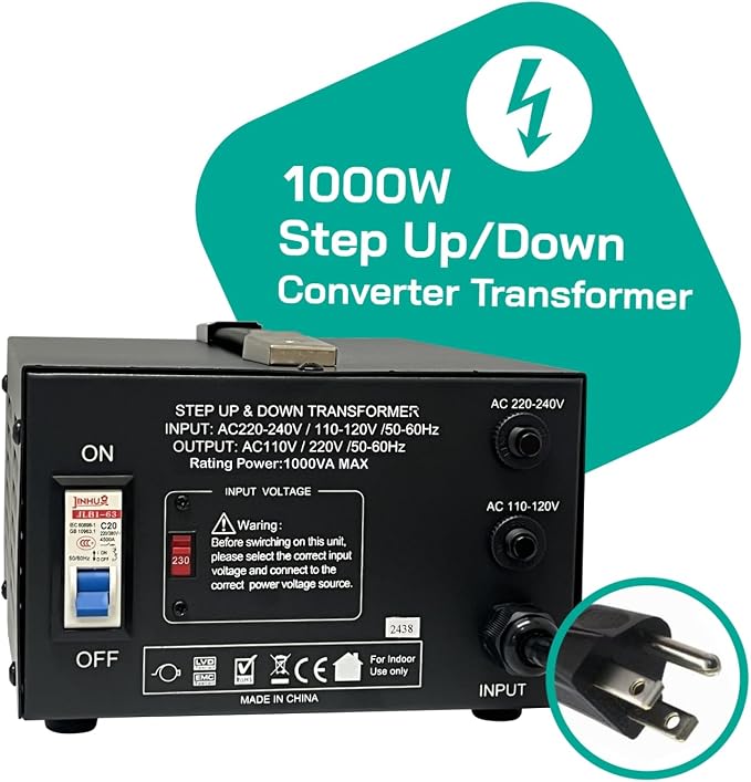LiteFuze LT Series 1000 Watt Voltage Converter Transformer Step Up/Down - 110v to 220v / 220v to 110v Power Converter - Fully Grounded Cord - Universal Socket, CE Certified