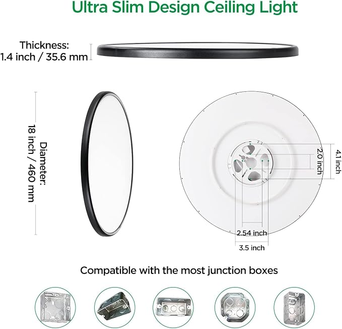TALOYA 18" Flush Mount LED Ceiling Light,36W 5CCT,Dimmable,4-Pack Black | Ultra Slim Low Profile Round Ceiling Light Fixture for Bedroom,Living Room,Kitchen