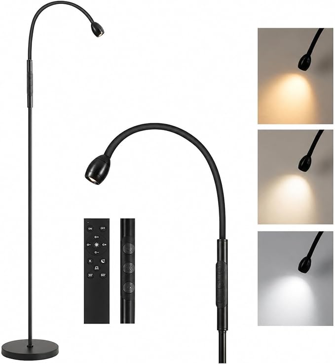 Powfloven LED Beam Reading Floor Lamp, 360° Adjustable Standing Floor Lamp with Flexible Gooseneck, Timer and Zoomable Spotlight, Black Task Bright Lights with Remote for Living Room, Bedroom
