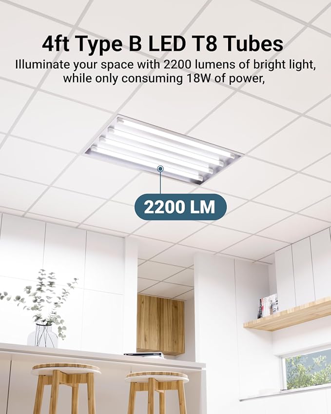 Sunco 50 Pack T8 LED Bulbs 4 Foot, Tube Light Bulbs Ballast Bypass, 48 Inch Fluorescent Replacement, 2200 LM, 18W, 5000K Daylight, Single Ended Power, Type B, Frosted Lens UL