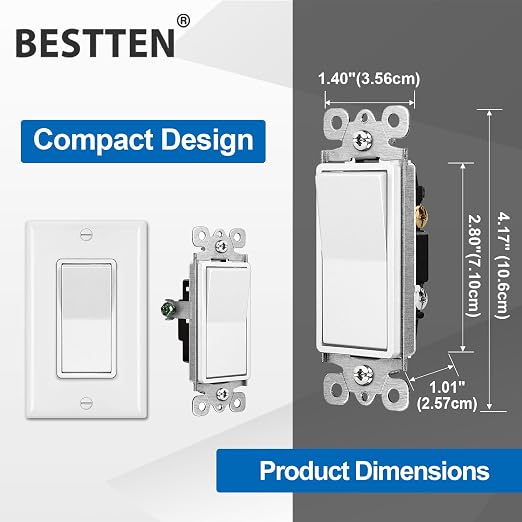 [50 Pack] BESTTEN Single Pole Decorator Wall Light Switch with Wallplate, 15A 120/277V, On/Off Rocker Paddle Interrupter, UL Listed, White