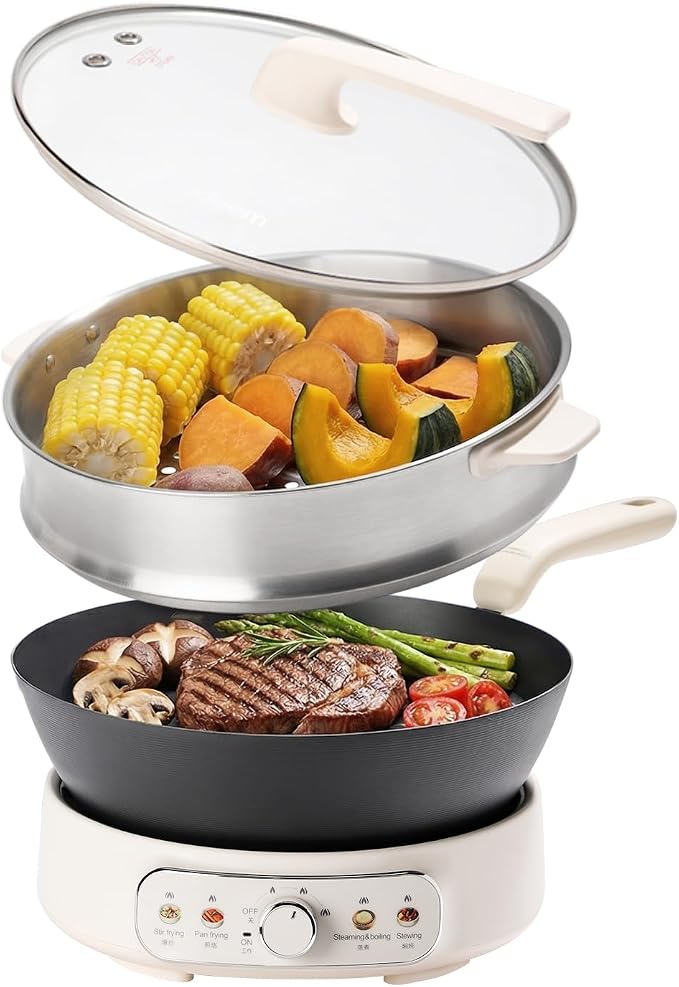 Joydeem 5Qt Electric Skillet, Pure Iron Nonstick Frying Pan with Glass Lid & Steamer Rack, 1600W 3-Level Heat Control, Removable Pot, Family-Sized Cooker for Boil Steam Sauté, 11.81inch