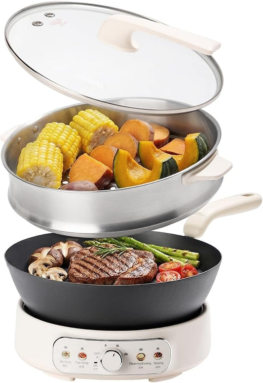 Joydeem 5Qt Electric Skillet, Pure Iron Nonstick Frying Pan with Glass Lid & Steamer Rack, 1600W 3-Level Heat Control, Removable Pot, Family-Sized Cooker for Boil Steam Sauté, 11.81inch