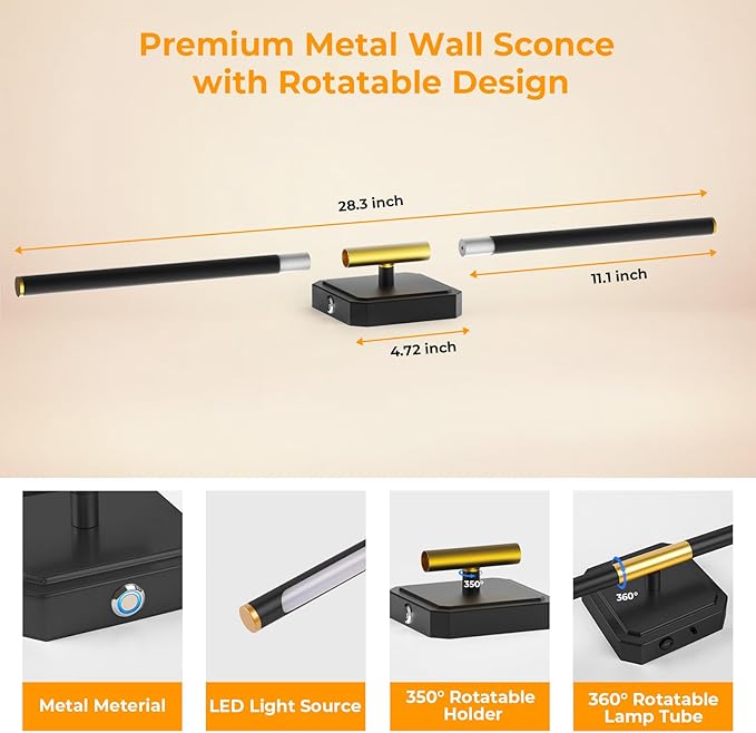 GvvooHome Battery Operated Wall Sconce Detachable 360°Rotate, Wireless Wall Lamp 3000-6500K Dimmable, 10000mAh Rechargeable Wall Light for Bedroom, Living Room，28.3" Black Gold (1 Pack)