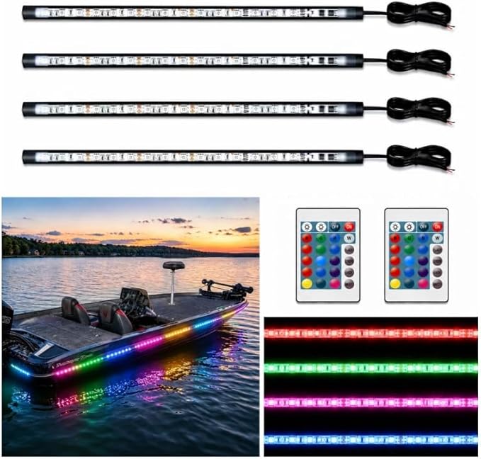 Boat Marine Led Strip Lights RGB, 12V 4 Pcs 12'' Waterproof Boat Interior Light, Built-in Controller, Night Fishing Light, Super Bright Boat Deck Courtesy Lighting for Pontoon Bass Boats Kayak