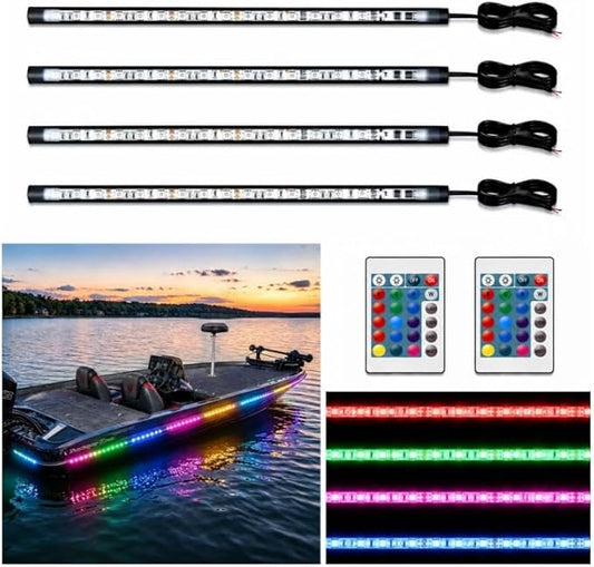 Boat Marine Led Strip Lights RGB, 12V 4 Pcs 12'' Waterproof Boat Interior Light, Built-in Controller, Night Fishing Light, Super Bright Boat Deck Courtesy Lighting for Pontoon Bass Boats Kayak