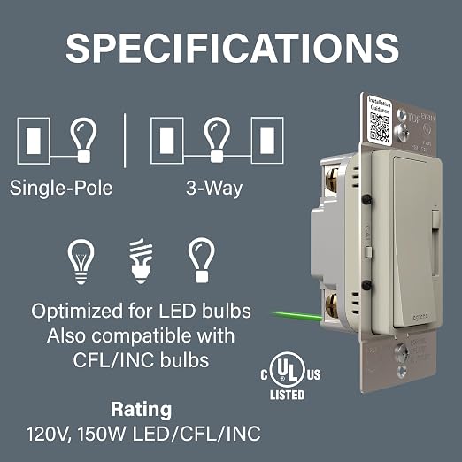 Legrand Radiant 150-Watt Dimmer Light Switch, Single-Pole/3-Way LED Dimmer for Dimmable Lights, RHL153PNI, Nickel