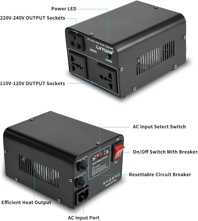 LVYUAN Voltage Converter Transformer 800 Watt Step Up/Down Convert from 110V-120V to 220V-240Vt and from 220V-240V to 110V-120V with 2 US outlets, 2 Universal outlets, Resettable Circuit Breaker