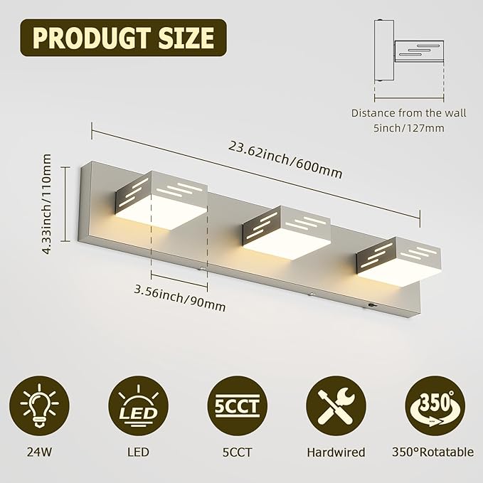 Joosenhouse 3-Light Brushed Nickel Bathroom Vanity Light, 23.6-Inch 5CCT Dimmable LED Vanity Lighting Fixture, 24W Modern Makeup Light with Adjustable Brightness