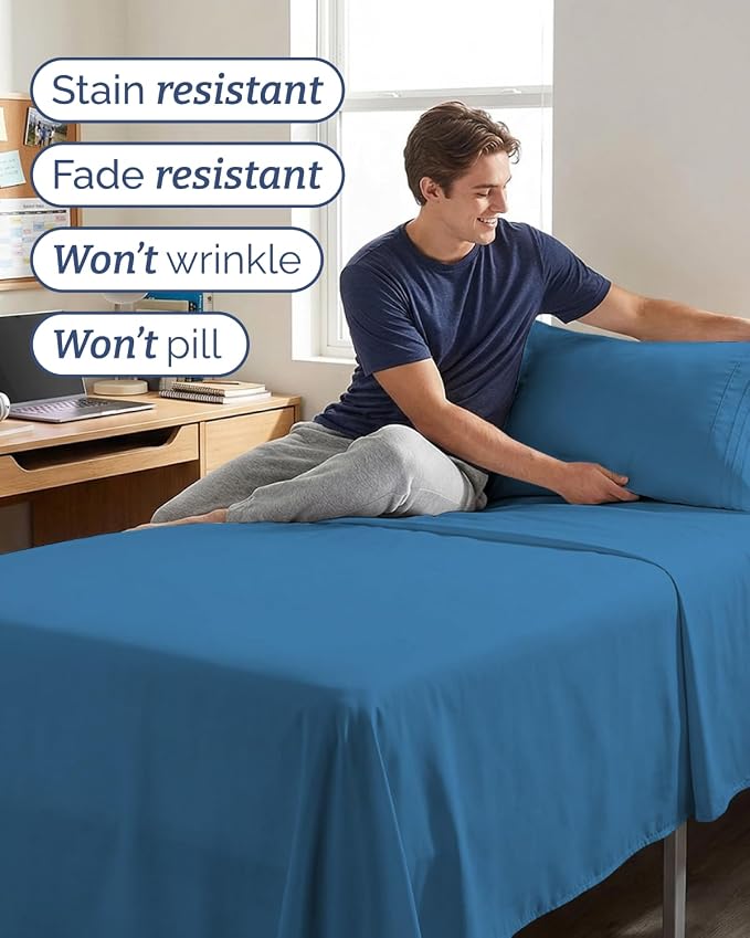 Twin XL 4 Piece Sheet Set - Comfy Breathable & Cooling - Ultra Soft Hotel Luxury Bedding Set w/ 8-16 Inch Deep Pockets - 1 Flat & 1 Fitted Sheet & 2 Pillowcases - Wrinkle Free & Easy Care - Denim Blue
