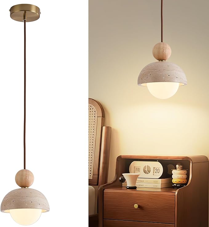 Natural Stone Pendant Light, Wabi Sabi Travertine & Wood Hanging Lamp for Kitchen Island, Hallway, Bedroom, Dining Room Ceiling Decor (G9 Bulb, 5.9 in Stone Round, 1pcs)