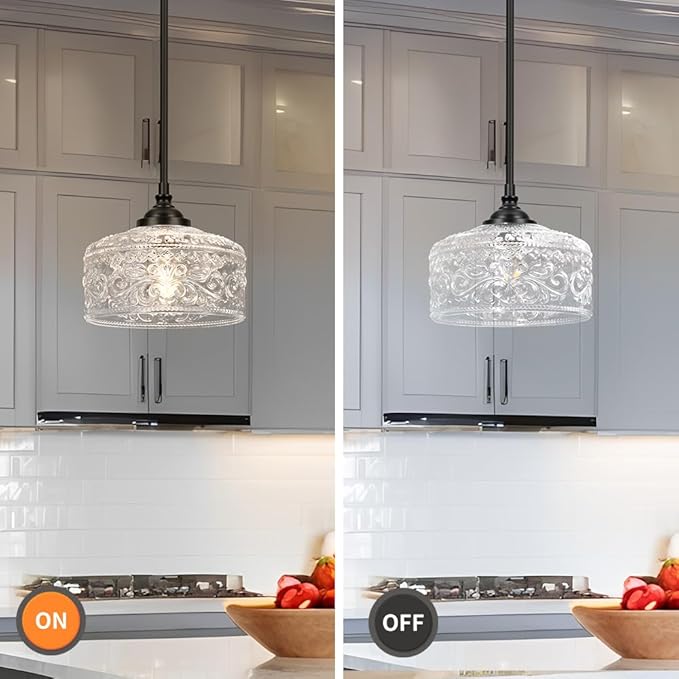 Black Vintage Pendant Lights Kitchen Island, Adjustable Height Kitchen Island Lighting, Bathroom Pendant Light with Clear Glass Shade- Dual Mount Ceiling & Hanging Fixtures with 90° Swivel for Decor