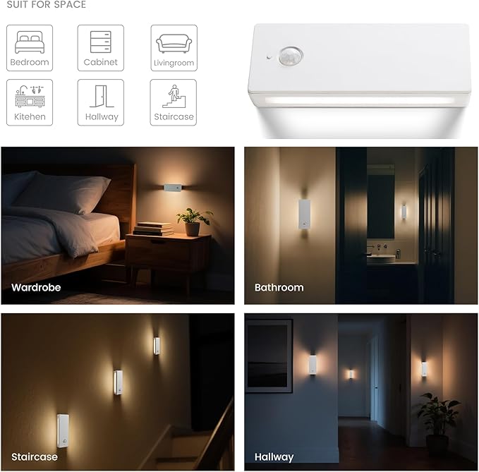 Rechargeable Battery Night Light with Motion Sensor, Cordless Battery-Powered Stick-on Magnet Toilet Lights, Soft Two-Sided Glow, 3CCT Dimmable, for Bedroom, Closet, Stairs (ABS *3pack)
