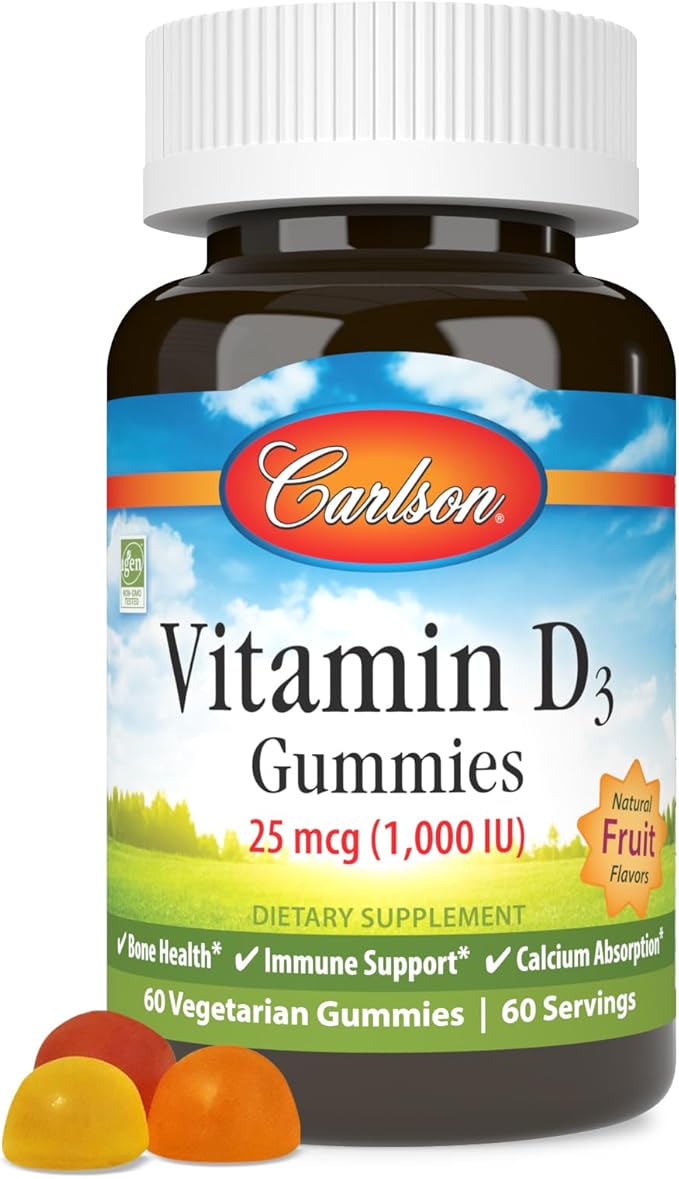 Carlson - Vitamin D3 Gummies, 1000 IU (25 mcg), Bone Health, Immune Support & Calcium Absorption, Natural Fruit Flavors, 60 Vegetarian Gummies