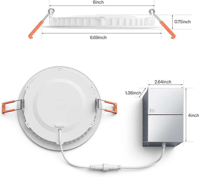 Philips Hue Slim Downlight, Recessed LED Ceiling Light 1-Pack, 1200 lm, 6-inch, Canless Design, Full-Spectrum Daylight 1000K-20000K, Ultra-Low Dimming, Precise Color, Smart Lighting, White