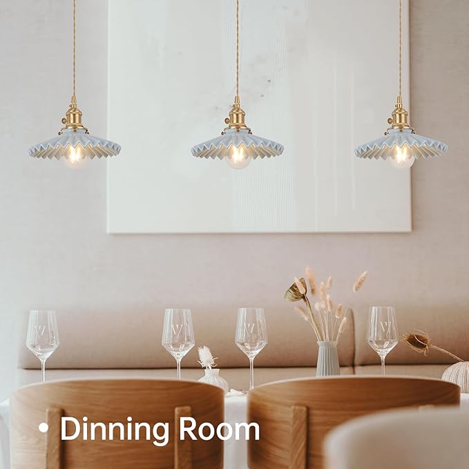 Shenmoyl Pendant Light with Blue Pleated Ceramic Lmapshade, Brass Vintage Pendant Light Adjustable Hanging Light for Kitchen Island Dining Room Hallway