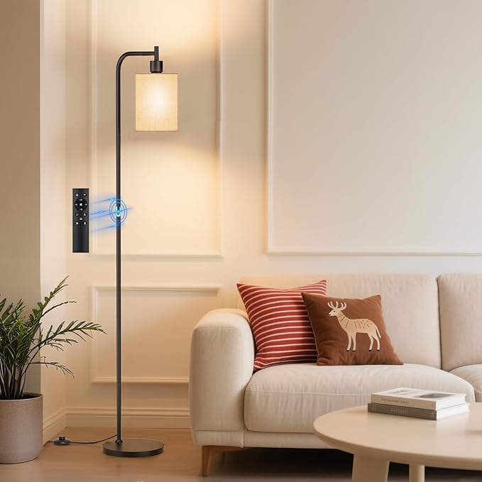 SIBRILLE Floor Lamp with Linen Shade, Dimmable Tall Standing Lamp with Remote Control & 3 Color Temperatures, Modern Floor Lamps for Living Room Bedroom Office Corner, 9W LED Bulb Included