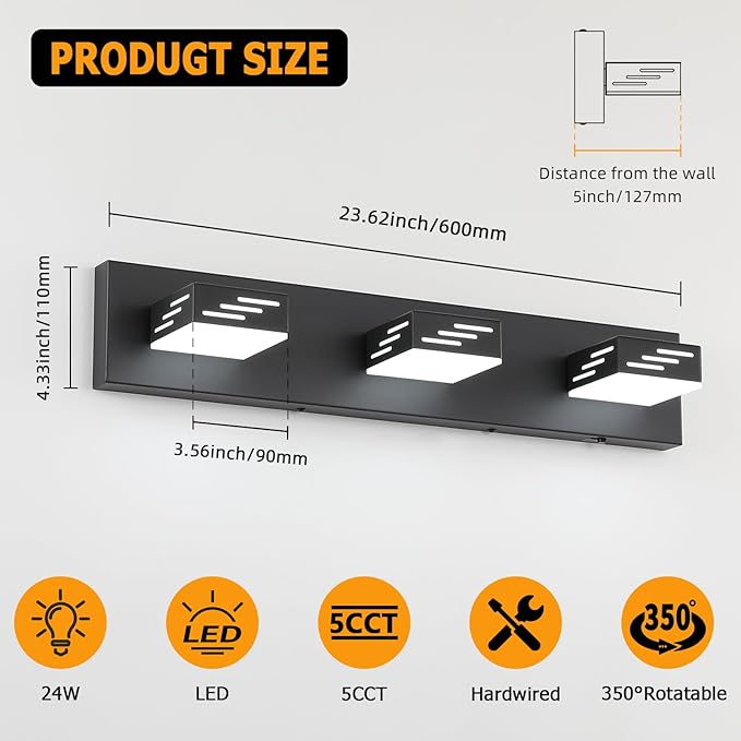 Joosenhouse 3-Light Black Bathroom Vanity Light, 5CCT Dimmable Bathroom Lighting fixtures, LED Vanity Lights Above Mirror 23.6 Inch 24W Makeup Mirror Lights