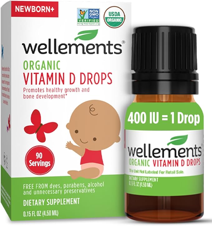 Wellements ベビー用オーガニックビタミンDドロップ 乳幼児用（90日分） - 新生児認定液体ビタミンD3ドロップ、健全な成長と骨の発達をサポート、1滴あたり400 IU（1日1滴）