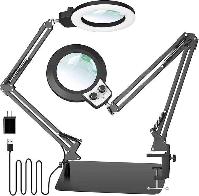 KIRKAS 12X Magnifying Glass with Light and Stand, Overhead Knob Magnifying Lamp for Workbench Craft, Sewing, 2-in-1 LED Lighted Magnifier Real Glass Lens Stepless Dimming and Color(11.8IN Base&Clamp)
