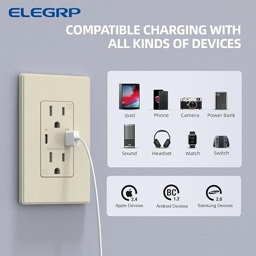 ELEGRP USB Charger Wall Outlet, USB Receptacle with USB A & USB C Ports, 15 Amp Duplex Tamper Resistant Receptacle Plug NEMA 5-15R, Wall Plate Included, UL Listed, 2 Pack, Matte Light Almond