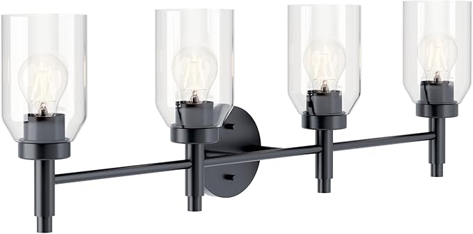 Kichler Madden 4-Light Bathroom Vanity Light Fixture with Clear Glass in Black, Modern Wall Mount Over Mirror for Single or Double Vanity (10.5" x 34"), 55186BK