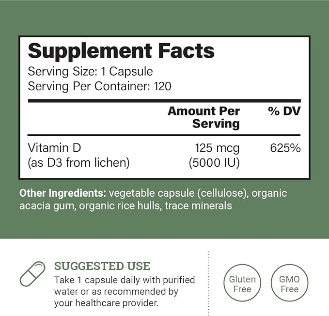 Complément de Vitamine D3 Végétalienne 5000 UI - Complément Pur et Hautement Concentré pour la Santé Immunitaire et le Soutien d'Os Solides - Vitamine D 5000 UI - 120 Gélules, 4 Mois d'Approvisionnement