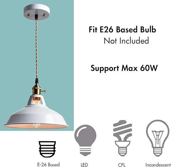 CLAXY Industrial Pendant Lights White Metal Barn Shade Hanging Ceiling Light Fixture with Switch E26 Kitchen Pendant Lighting for Loft, Bar, Foyer, Dining