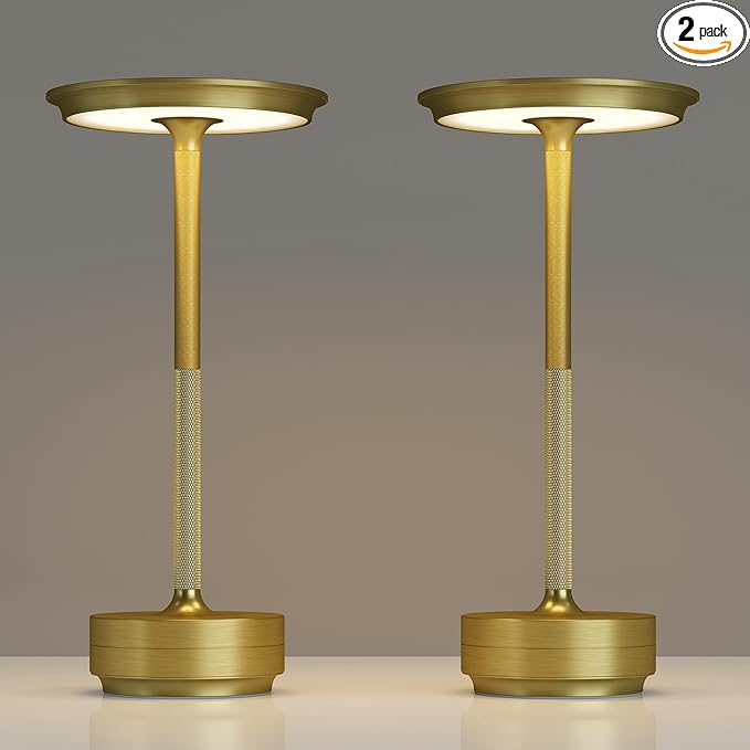 TBBGA 2 Pack Rechargeable Cordless Table Lamps, Portable 5000mAh Battery Table Light, 3 Color Stepless Dimming LED Table Light with Memory Function, for Outdoor/Dinner/Patio/Restaurant.(Gold)