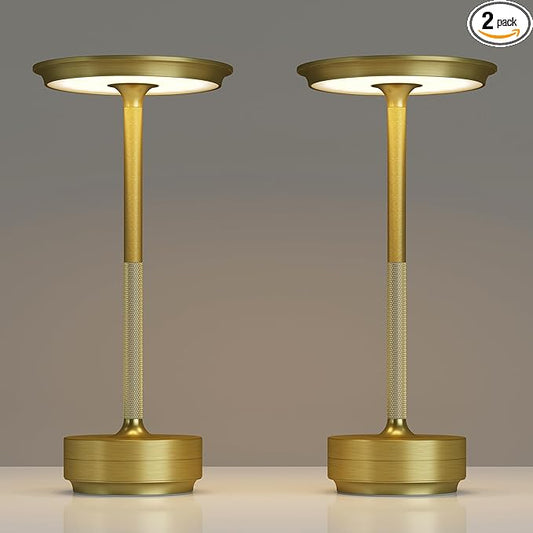 TBBGA 2 Pack Rechargeable Cordless Table Lamps, Portable 5000mAh Battery Table Light, 3 Color Stepless Dimming LED Table Light with Memory Function, for Outdoor/Dinner/Patio/Restaurant.(Gold)
