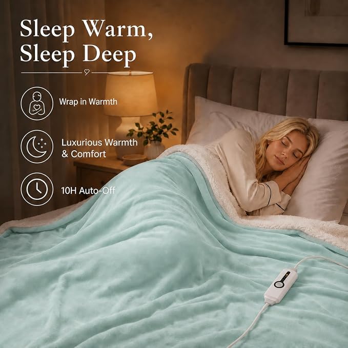 Electric Heated Blanket Queen Size 84"x90" – ETL Certified for Safe Overnight, 4 Heat Settings & 10H Auto Off, Dual-Sided Microplush Sherpa for Home Theater Night, Machine washable – Spring Green