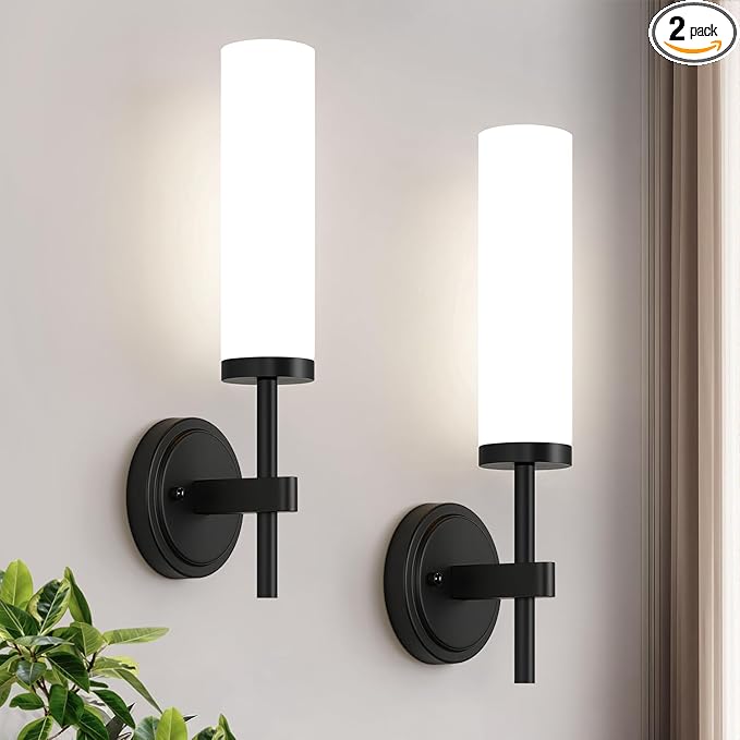 MOKATNG [Hardwired] Wall Sconces Set of Two, Matte Black Bathroom Sconces with Milky White Glass, Modern Wall Light Fixtures for Bathroom Mirror Vanity, Living Room, Hallway, Stairway, Cabinet, Foyer