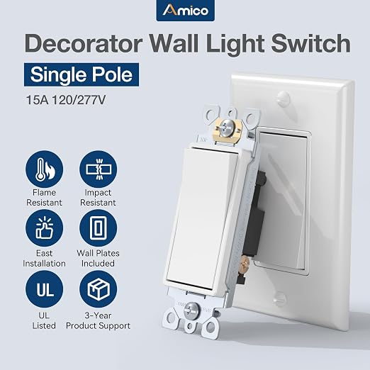 Amico 1 Pack Single Pole Light Switch with Wall Plate, UL Listed, 15A 120/277V, On/Off Rocker Paddle Interrupter Wall Switch, Grounding Screw, Residential Grade, Suitable for Home and Business, White