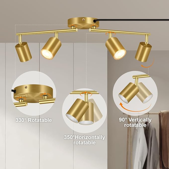 Plug in Track Lighting LED, Track Lighting Fixtures Ceiling Gold, 4-Light Kitchen Light Kit, Plug in Wall Light with 14.8ft Power Cord, Rotatable Ceiling Spotlight for Bedroom(GU10 Socket, NO Bulb)
