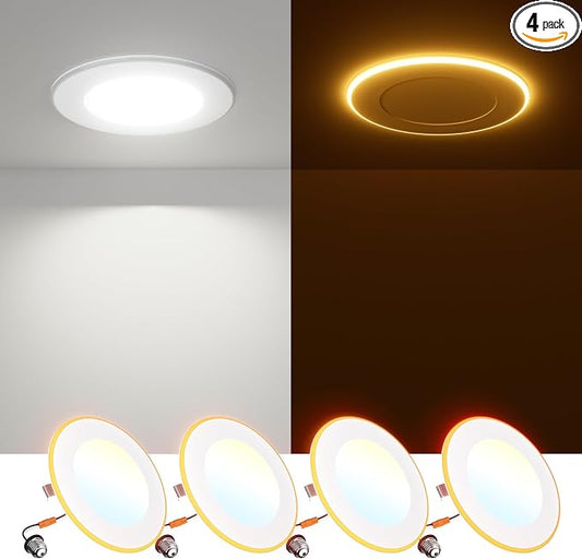 FREELICHT 4 Pack 4 Inch 5CCT LED Recessed Can Light with Night Light, 2700K/3000K/4000K/5000K/6000K Selectable Flat Recessed Lighting, 7W=60W, 700LM, Dimmable Retrofit - ETL & FCC