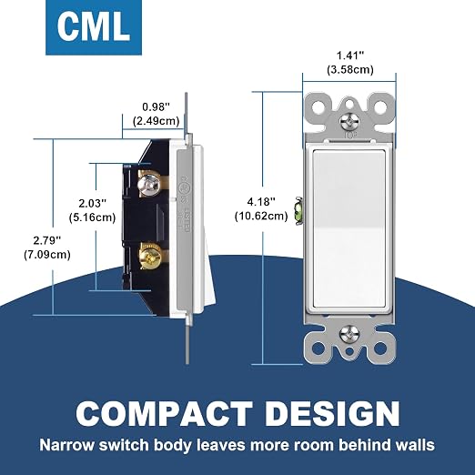 CML Matte White Decorator Rocker Paddle Light Switch, 100 Pack Single Pole Wall Switch, 15A 120/277V, On/Off Interrupter, UL Listed