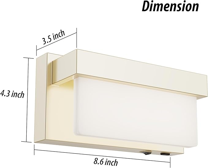 Battery Wall Sconce Champagne Gold Wall Light with On/Off Switch 8 inch LED Wall Lamp Acrylic Lampshade 3CCT Sconce Wall Lighting