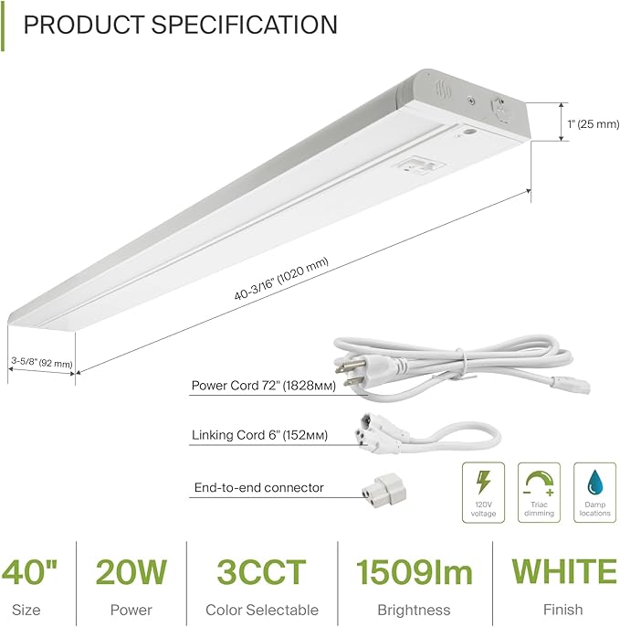ASD Swivel LED Under Cabinet Lighting Plug in or Hardwired 40 Inch, Dimmable Under Cabinet Lights with High/Low/Off Switch, 3CCT 2700K-4000K, Linkable Under Counter Lights for Kitchen, White, ETL