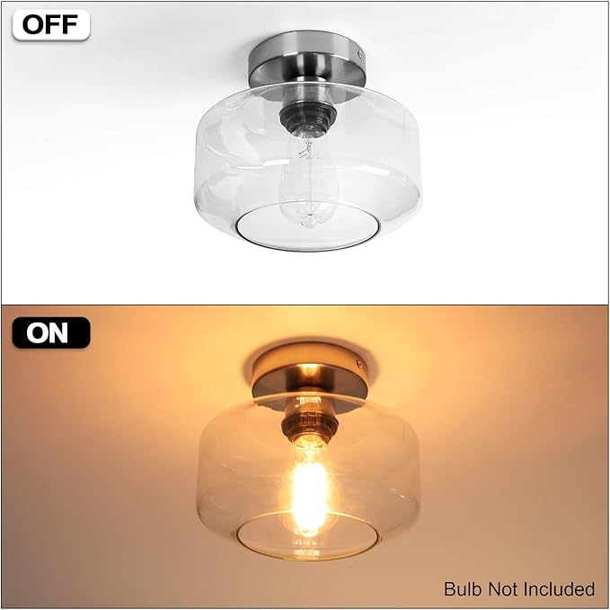 MAXvolador Industrial Semi Flush Mount Ceiling Light Brushed Nickel, Clear Glass Pendant Lamp Shade Farmhouse Lighting Hallway, Hanging Light Fixture