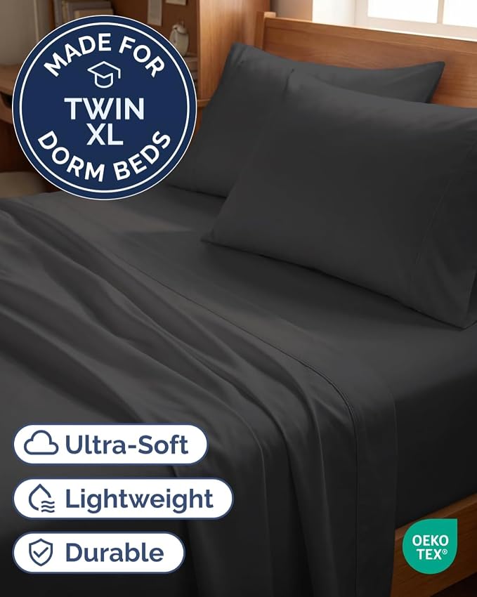 Twin XL 4 Piece Sheet Set - Comfy Breathable & Cooling - Ultra-Soft Hotel Luxury Bedding Set w/ 8-16 Inch Deep Pockets - 1 Flat & 1 Fitted Sheet & 2 Pillowcases - Wrinkle Free & Easy Care - Charcoal
