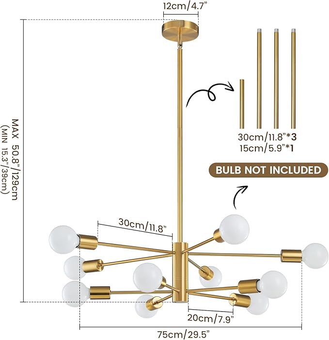 KAISITE Modern Chandelier Ceiling Light Fixture Sputnik Chandelier 10-Light Gold Chandelier for Dining Room Over Table Height Adjustable Lighting Fixture Ceiling Hanging for Kitchen Living Room