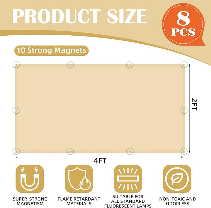 ANGSYLTH 8 Pcs Fluorescent Light Covers - 4 x 2 Feet Covers for Ceiling Lights, 8 x 10 Magnetic Light Filters for Classroom, Office, Hospitals (Warm Yellow)