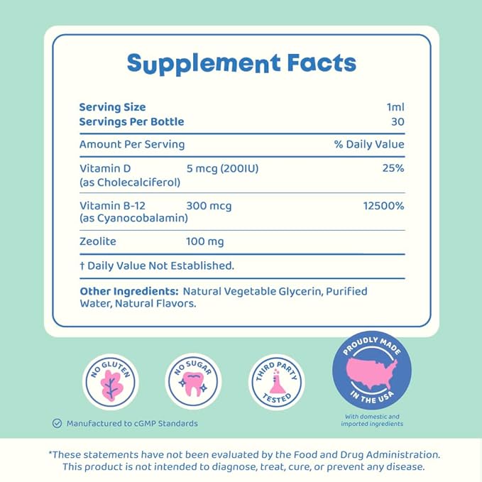 JoySpring DetoxZee Gouttes de zéolite pour enfants – Complément minéral de clinoptilolite avec vitamine D3 et cyanocobalamine B12 – Vitamines liquides pour enfants, saveur de baies douces, fabriqué aux États-Unis, 30 portions