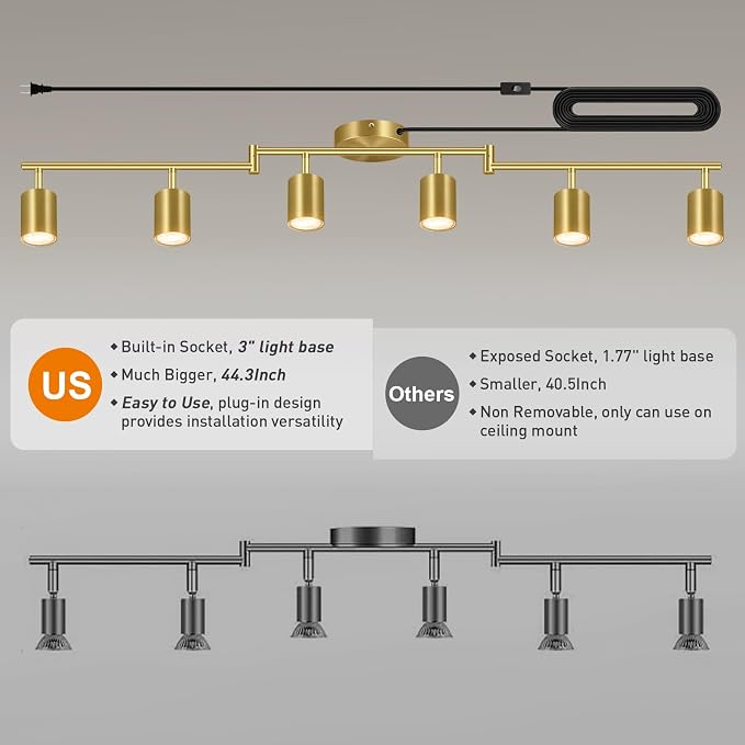 Plug in Track Lighting LED, Track Lighting Fixtures Ceiling, Gold 6-Light Kitchen Light Kit, Plug in Wall Light with 14.8ft Power Cord, Rotatable Ceiling Spotlight for Bedroom(GU10 Socket, NO Bulb)