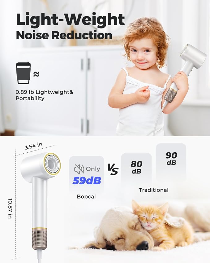 Bopcal Ionic Hair Dryer, 160000 RPM Brushless Motor, Smart Thermo-Control, Negative Ion Fast Drying, Quiet Lightweight Blow Dryer, Cold Air & 4 Heat Settings, for Home Travel Salon