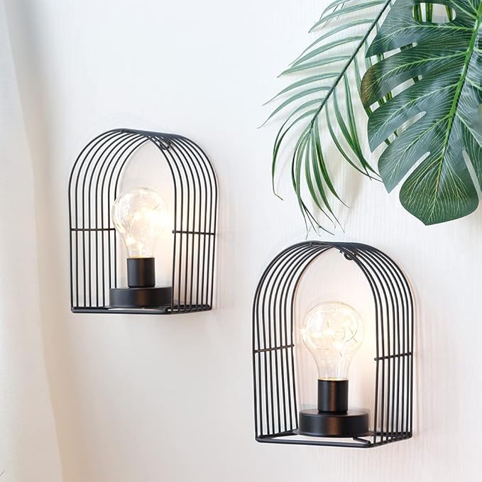 JHY DESIGN Set of 2 Battery Operated Wall Sconce 7''H Metal Wall Mount Lamp with 6-Hour Timer and Fairy Lights Bulb Table Lamp Wall Decor for Bedroom Living Room Hallway Stairway(Arch Shape)