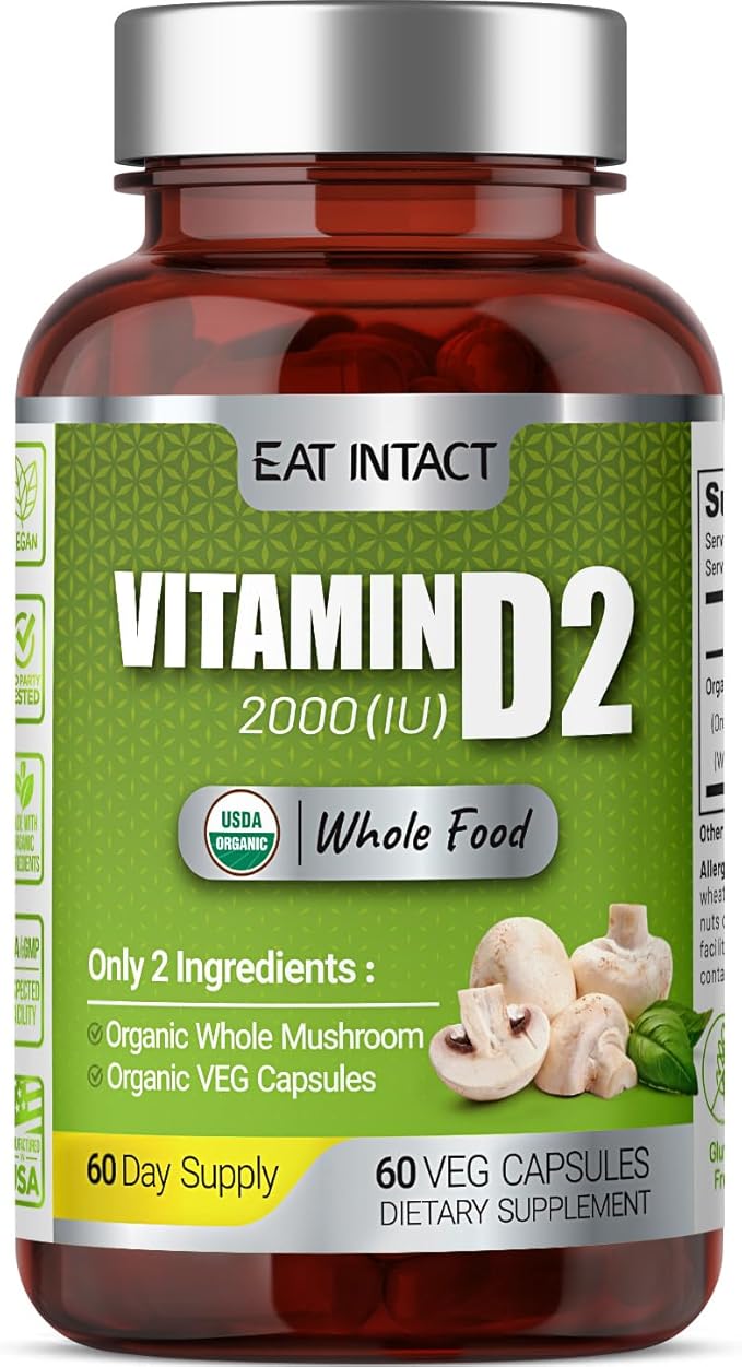 ヴィーガンホールフードビタミンD、2000 IU (50 mcg)、D2、2つの成分（オーガニックホールマッシュルームとオーガニックヴィーガンカプセル）、非GMO、第三者機関テスト済み、60日分
