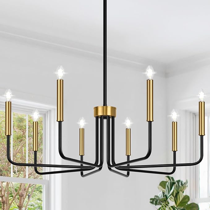 Lynnoland Black and Gold 8-Light Farmhouse Chandelier for Dining Room Lighting Fixtures Hanging, Vintage Candle Pendant Light Fixtures Chandelier for Bedroom, Foyer and Living Room