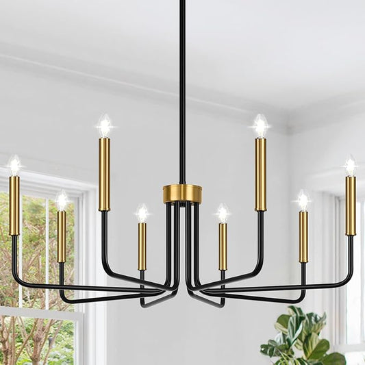 Lynnoland Black and Gold 8-Light Farmhouse Chandelier for Dining Room Lighting Fixtures Hanging, Vintage Candle Pendant Light Fixtures Chandelier for Bedroom, Foyer and Living Room